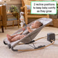 Grey baby rocking seat with baby reclined, toy overhead, and rocking base on carpet