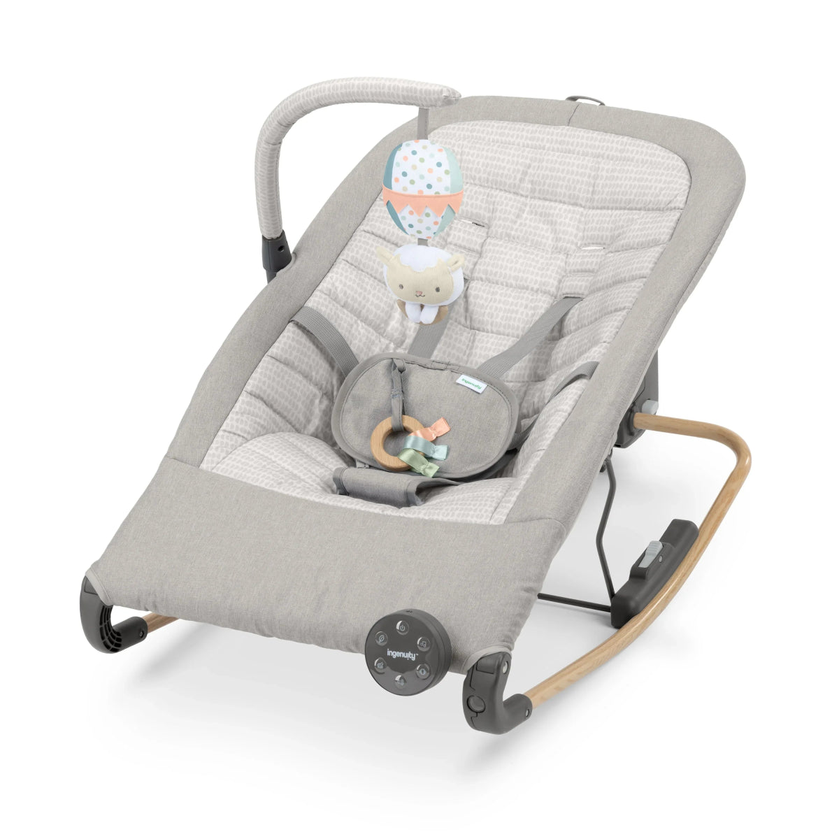 Grey baby rocking seat with padded cushion, toy bar, and vibration control base