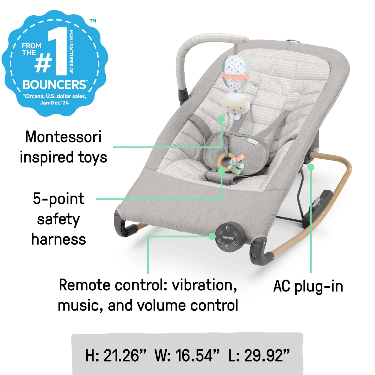 Grey automatic rocking seat with remote control, toy arch, and cushioned harness