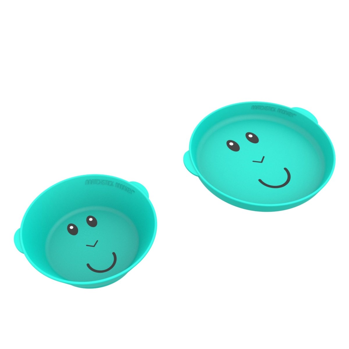 Turquoise kids plate and bowl set with smiling face graphics, two pieces