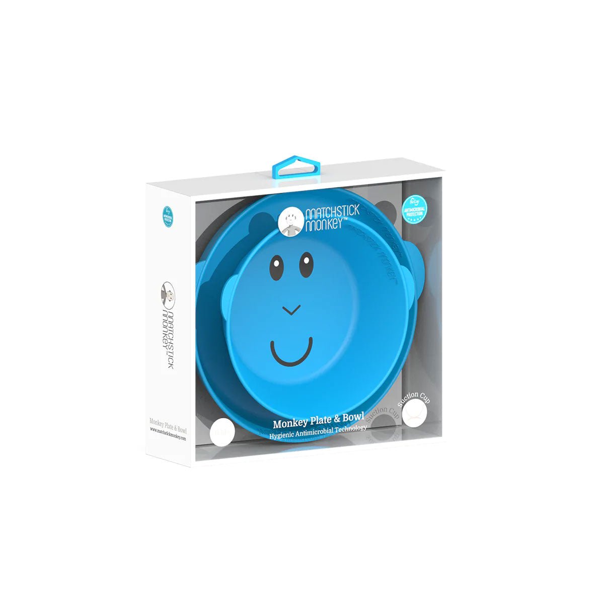 Kids dinner set box showing blue smiling plate and bowl, two-piece pack