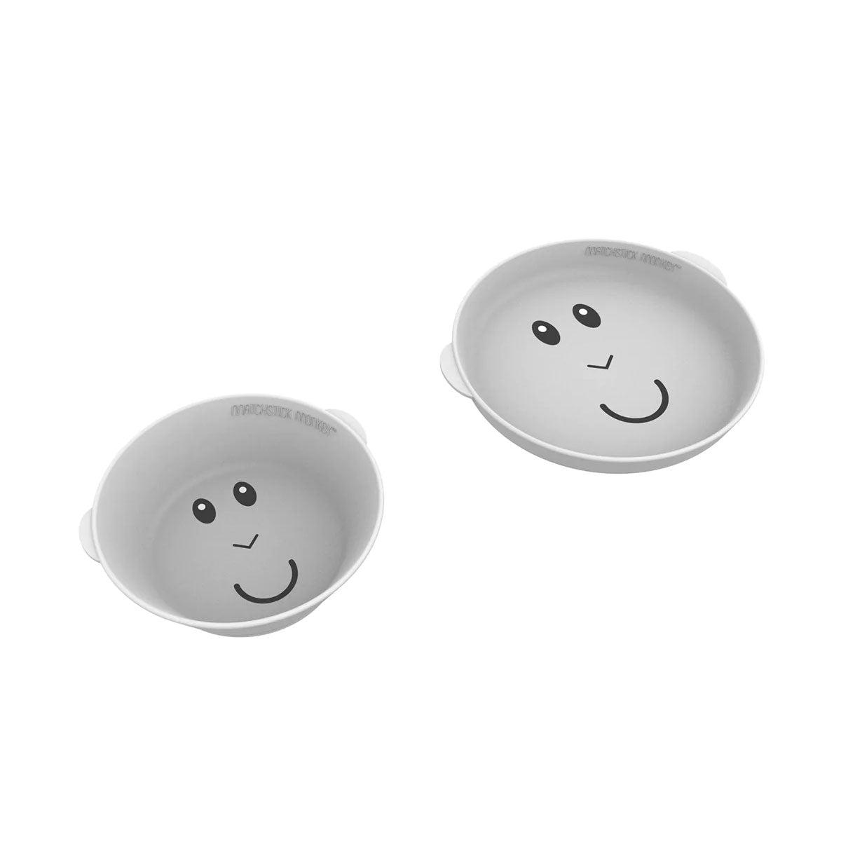 Light grey kids plate and bowl set with smiling face graphics, two pieces