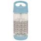 Kids straw water bottle with light blue lid and cat pattern clear body, 350 mL
