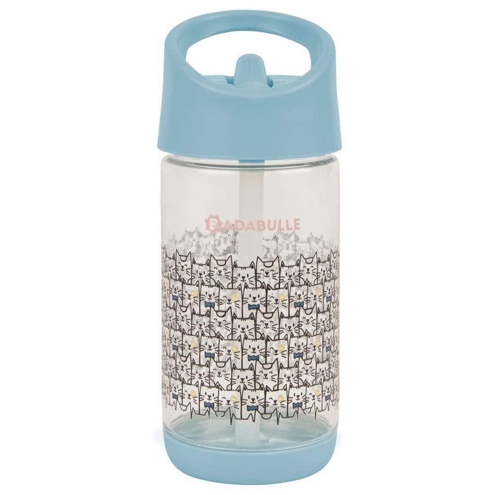 Kids straw water bottle with light blue lid and cat pattern clear body, 350 mL