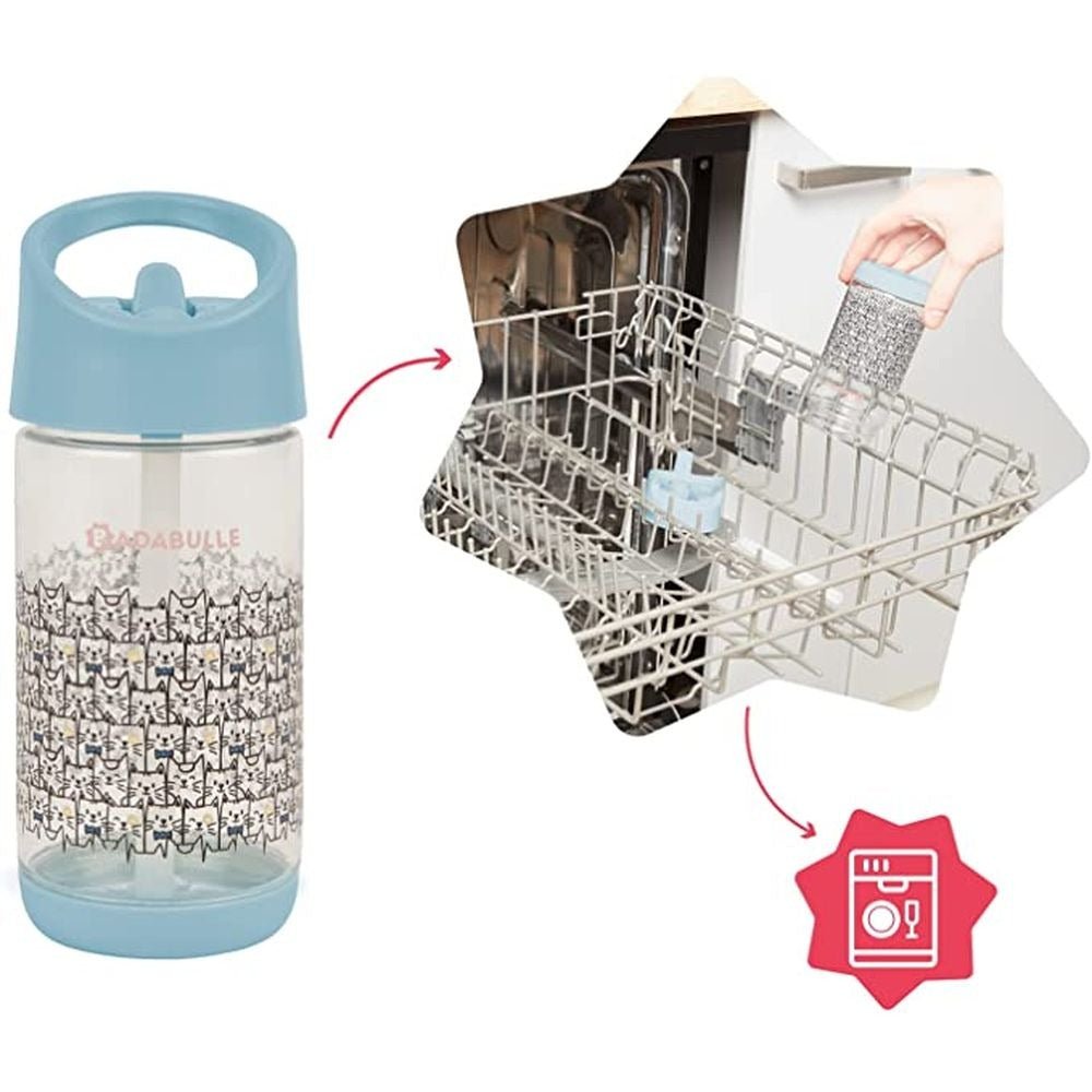 Kids straw water bottle shown in dishwasher rack, light blue lid upright