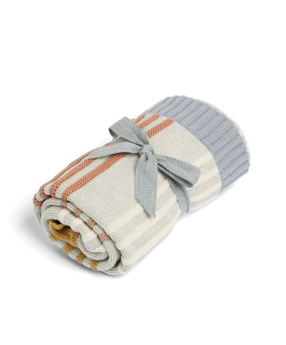 Rolled knitted blanket with multi colour horizontal stripes and tied ribbon