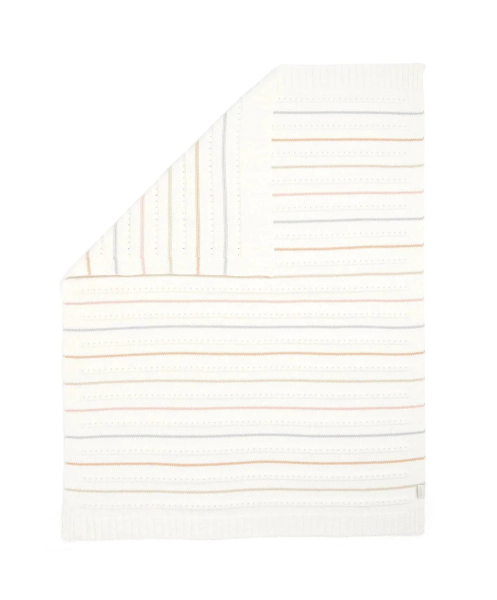Cream knitted throw blanket with thin horizontal stripe pattern on folded edge