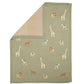 Folded sage green knitted blanket with repeating safari animals and textured knit edge
