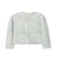Light grey knit cardigan, snap-button front, long sleeves, ribbed edges