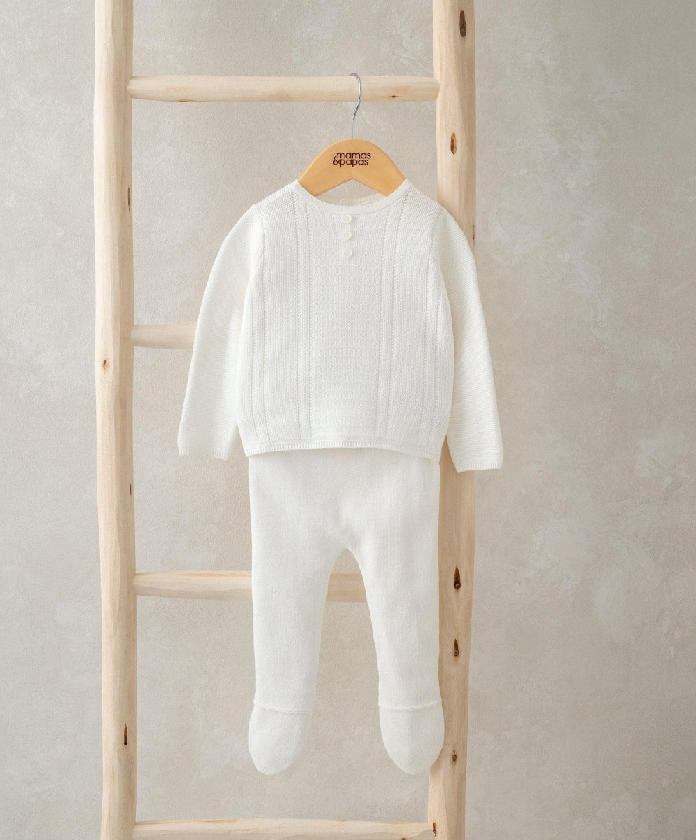 White knitted cardigan and leggings set, button front and ribbed cuffs, long sleeves