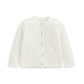 White knitted cardigan, long sleeves, button front and crew neckline