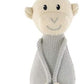 Knitted hanging monkey toy, beige face and body with pink loop handle