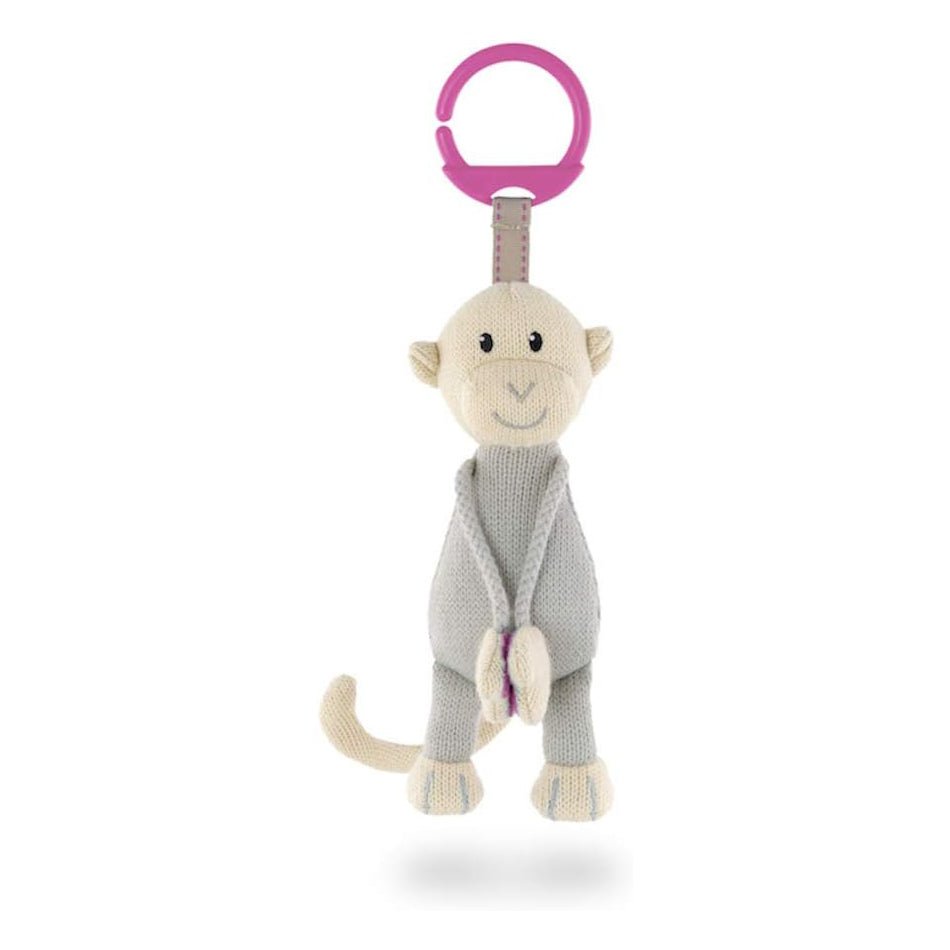 Knitted hanging monkey toy with beige knit body, pink loop handle for hanging