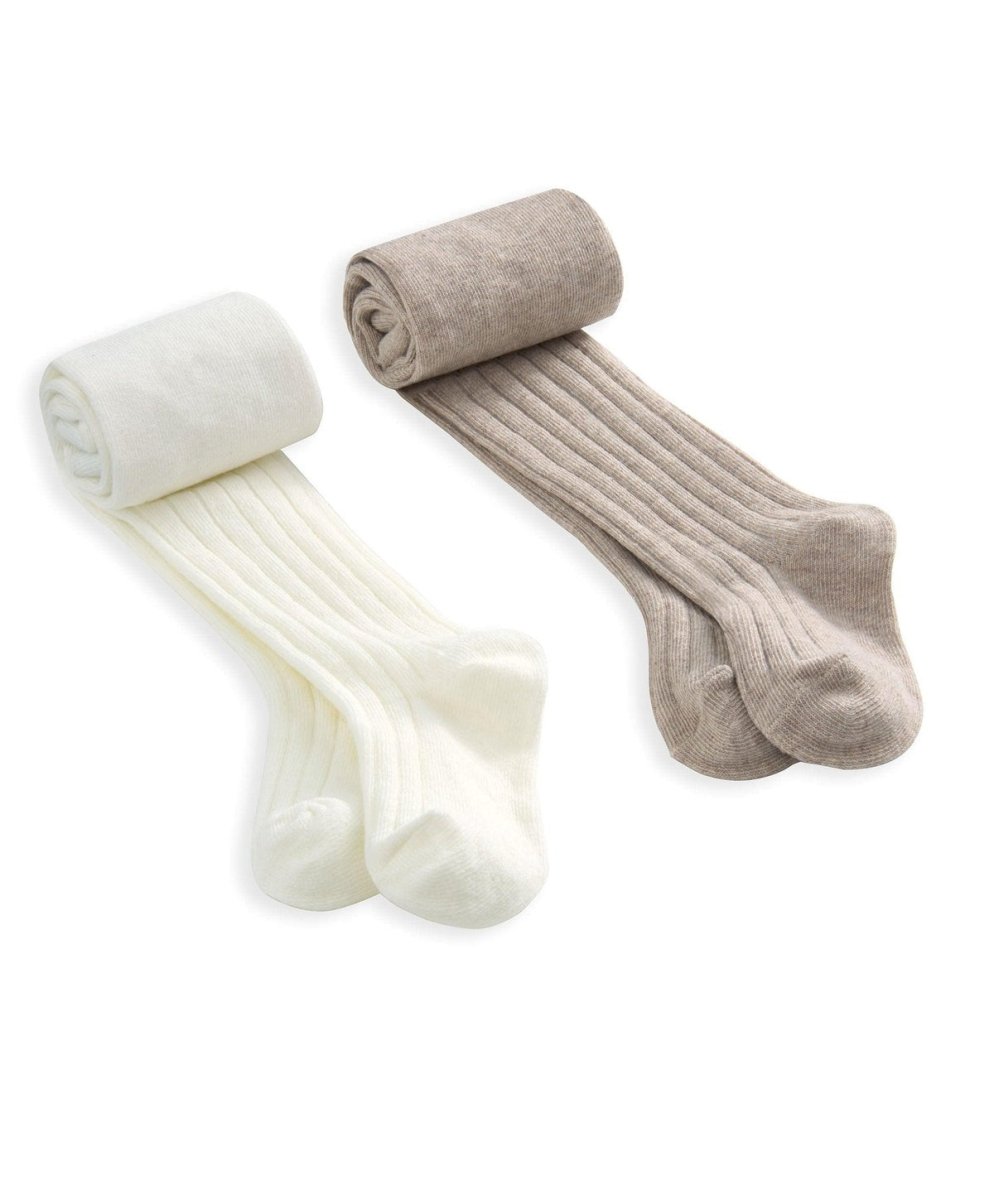 Knitted tights set of 2, folded ribbed knit in oatmeal and white, soft legwear