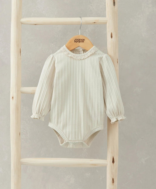 Cream lace-trim long-sleeve bodysuit with ruffled neckline