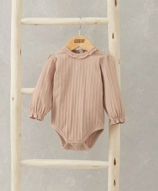 Pink lace-trim bodysuit with puff sleeves and ruffled collar