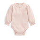 Light pink striped bodysuit with lace neckline and gathered puff sleeves