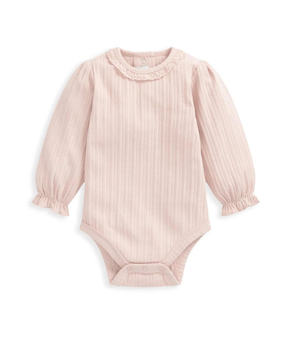 Light pink striped bodysuit with lace neckline and gathered puff sleeves