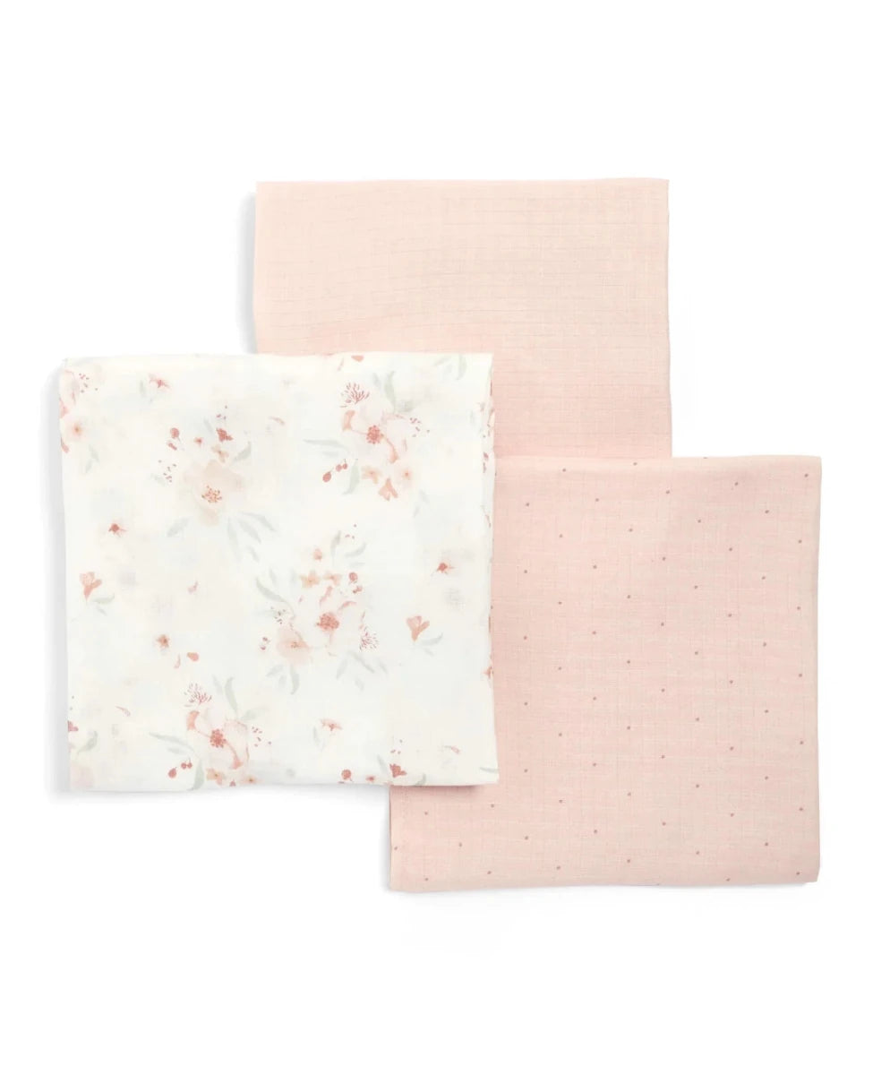 Large floral muslin cloths, 3-pack: folded pale pink and white floral squares