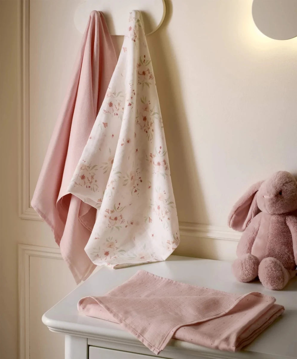 Large floral muslin cloths, 3-pack: draped pale pink and white floral muslins