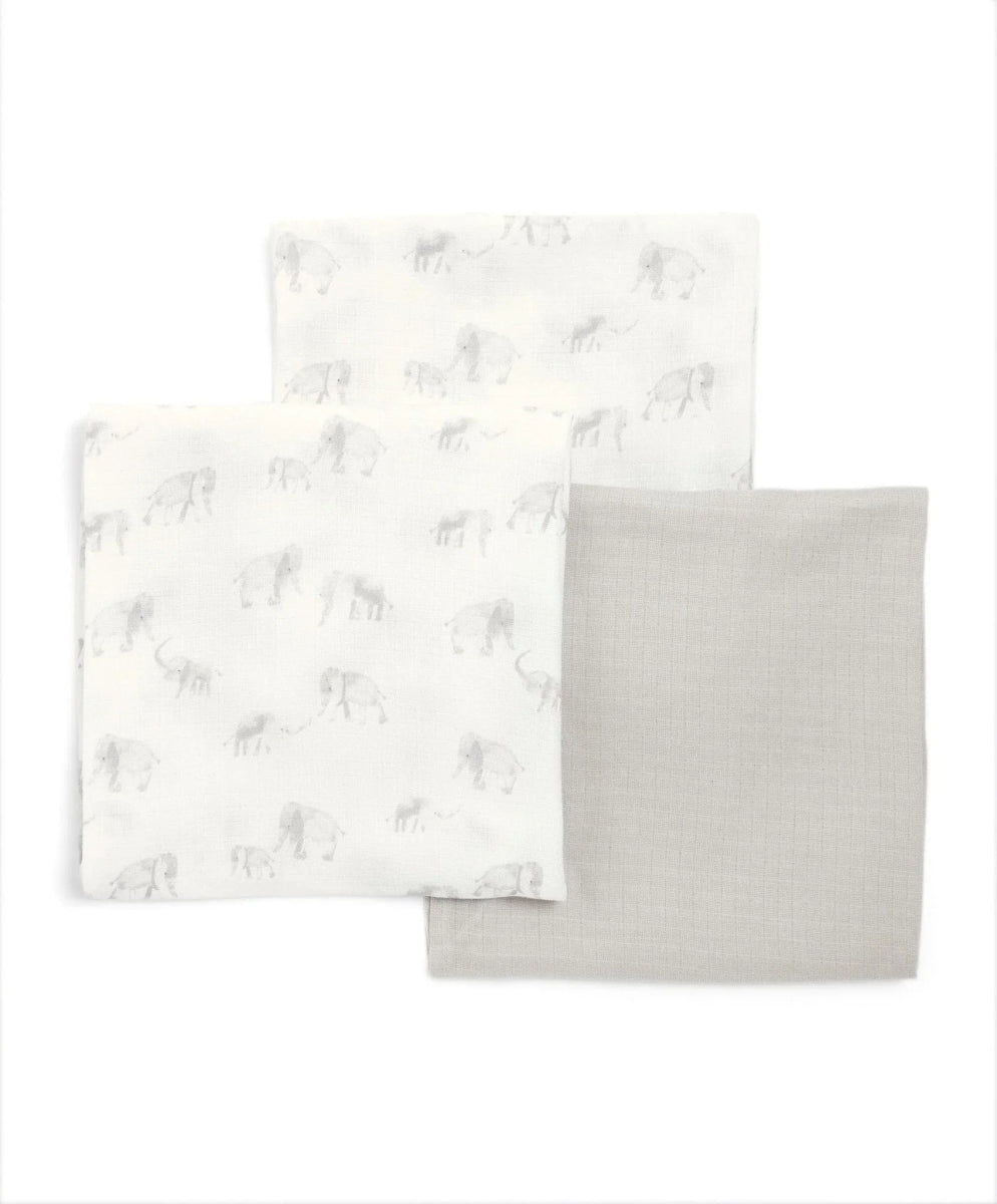 Muslin cloth set, three folded large squares: two elephant-print pieces and one solid plain