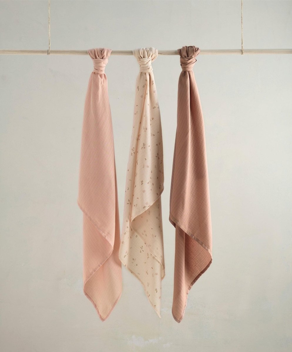 Muslin cloth set of three, pink and cream prints, tied ends with draped square fabric