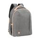 Grey changing bag backpack with tan handle straps and front zip pocket