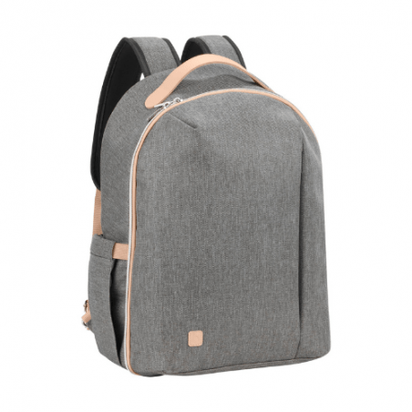 Grey changing bag backpack with tan handle straps and front zip pocket