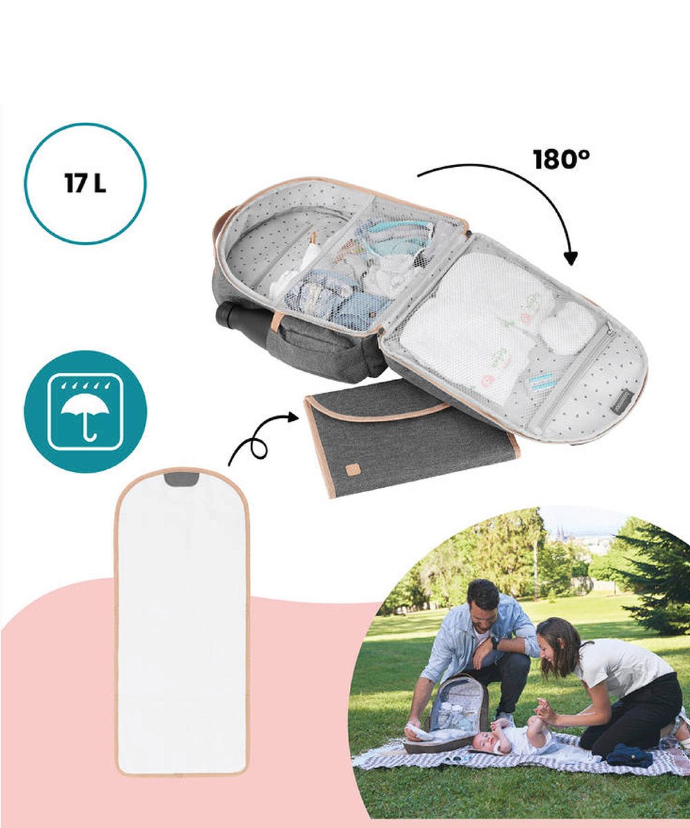 Grey changing bag with open top, padded change mat, and internal compartments