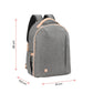 Grey changing bag with size diagram, tan-trim front and backpack straps