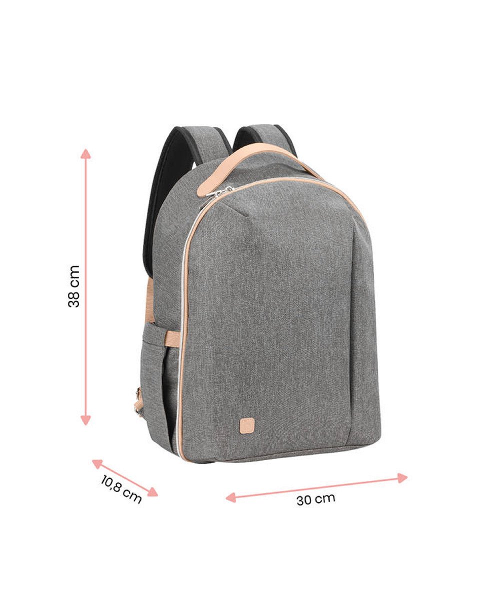 Grey changing bag with size diagram, tan-trim front and backpack straps