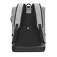 Grey changing bag backpack with black straps, front pocket, and top handle.