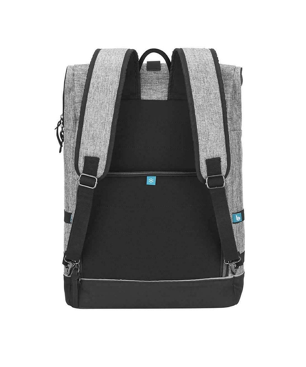 Grey changing bag backpack with black straps, front pocket, and top handle.