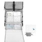 Grey changing bag backpack with open insulated compartment and changing pad.