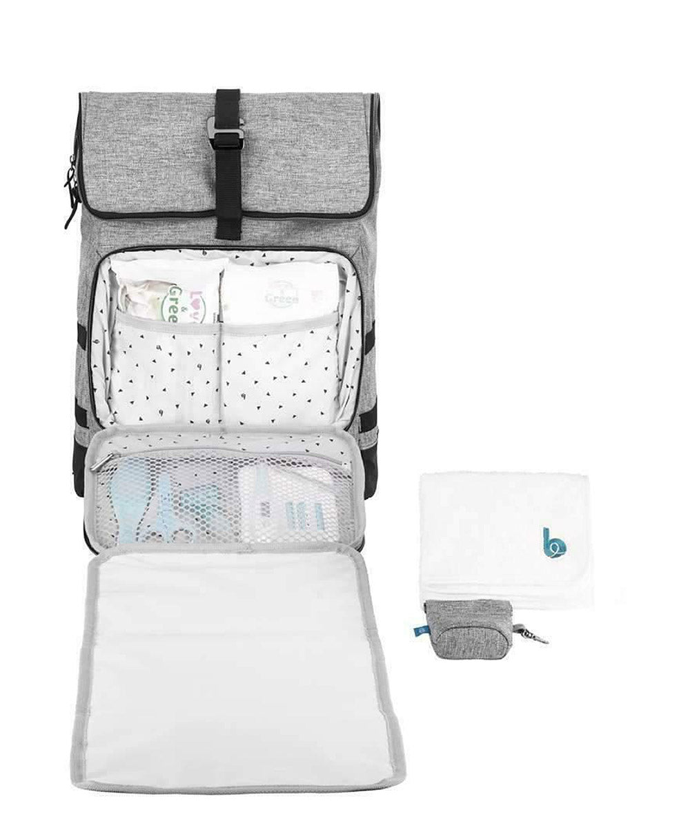 Grey changing bag backpack with open insulated compartment and changing pad.
