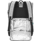 Grey changing bag backpack with silver insulated lining and black shoulder straps.