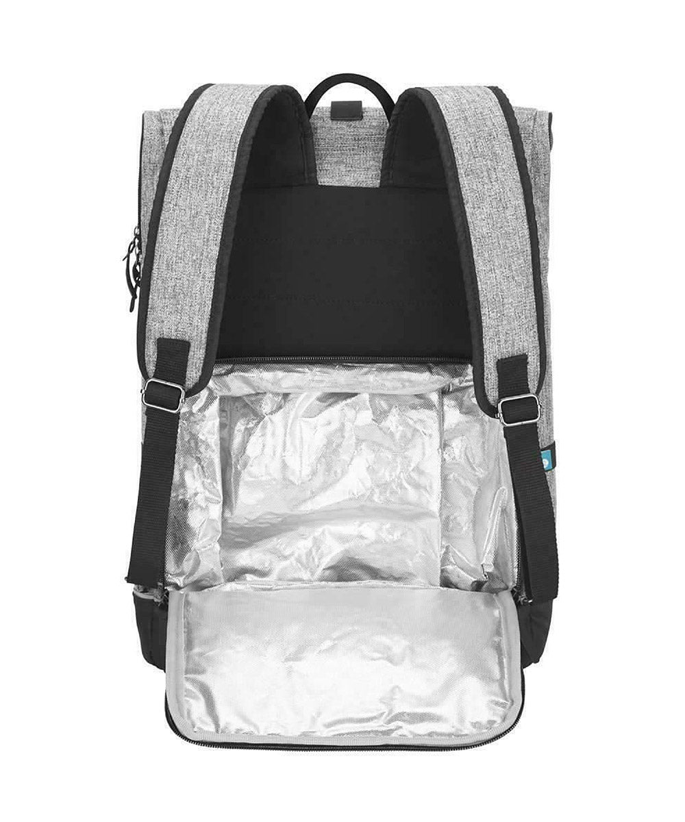 Grey changing bag backpack with silver insulated lining and black shoulder straps.