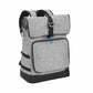 Grey changing bag backpack with front flap pocket and side straps.