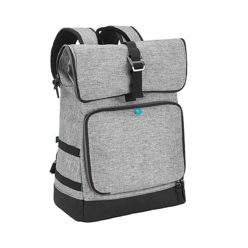 Grey changing bag backpack with front flap pocket and side straps.