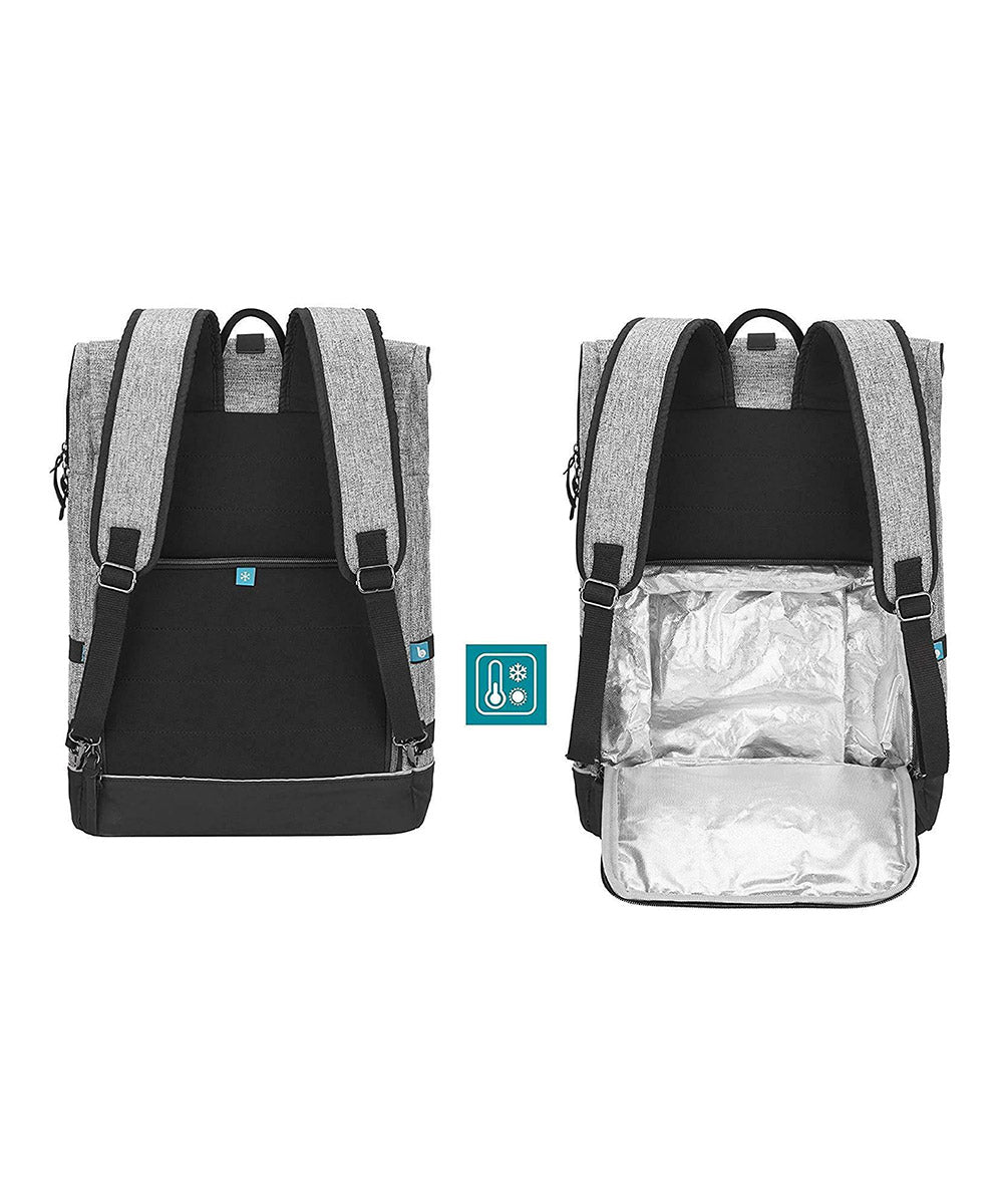 Grey changing bag backpack shown front and back, with insulated lining visible.