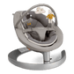 Gray baby rocker with toy bar and plush toys over padded harness seat
