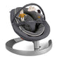 Gray infant rocking seat with mounted toy bar featuring plush animal figures