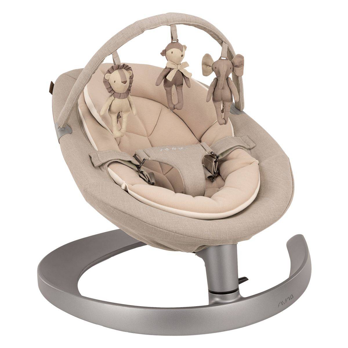 Tan baby rocker with toy bar and hanging plush toys, padded harness seat