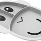 Light grey silicone divided learning plate with animal face; two compartments.