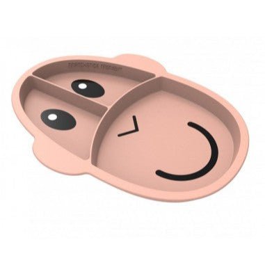 Coral silicone divided learning plate with animal face; two compartments.