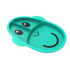 Turquoise silicone divided learning plate with animal face; two compartments.