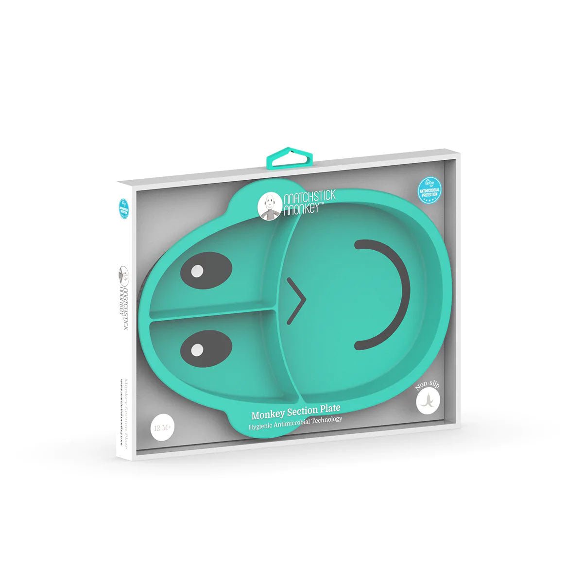 Turquoise silicone divided learning plate with animal face; two compartments, boxed.