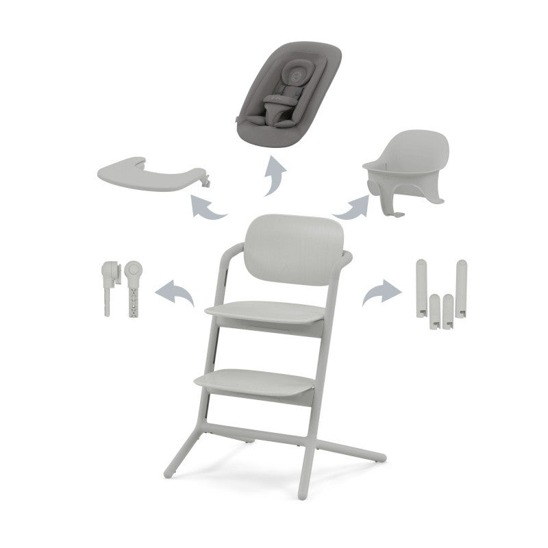 4-in-1 high chair in light gray with removable inserts and adjustable recline positions
