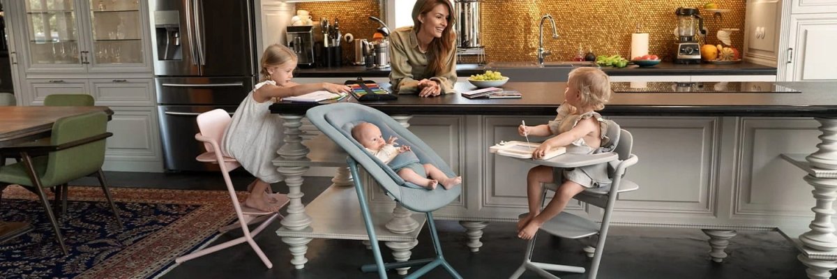4-in-1 high chair in stone blue, padded seat with tray