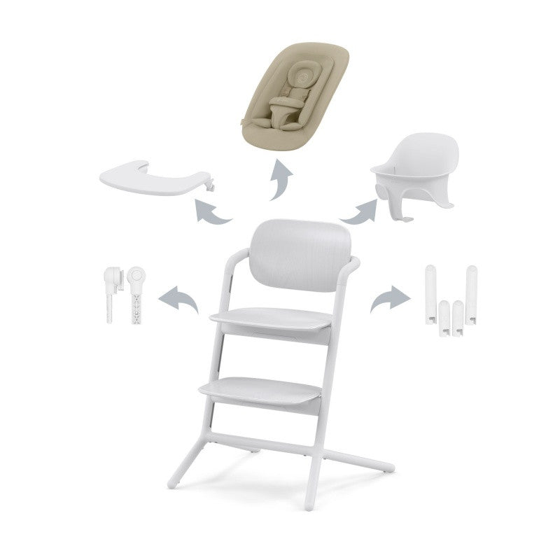 4-in-1 high chair in light gray, padded seat with tray and footrest